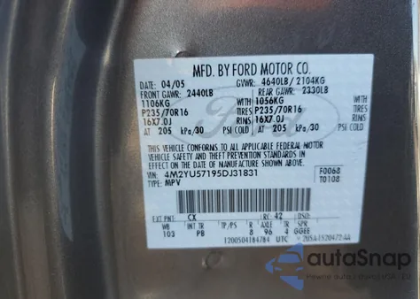 2005 Mercury Mariner z USA, uszkodzony, nr VIN 4M2YU57195DJ31831